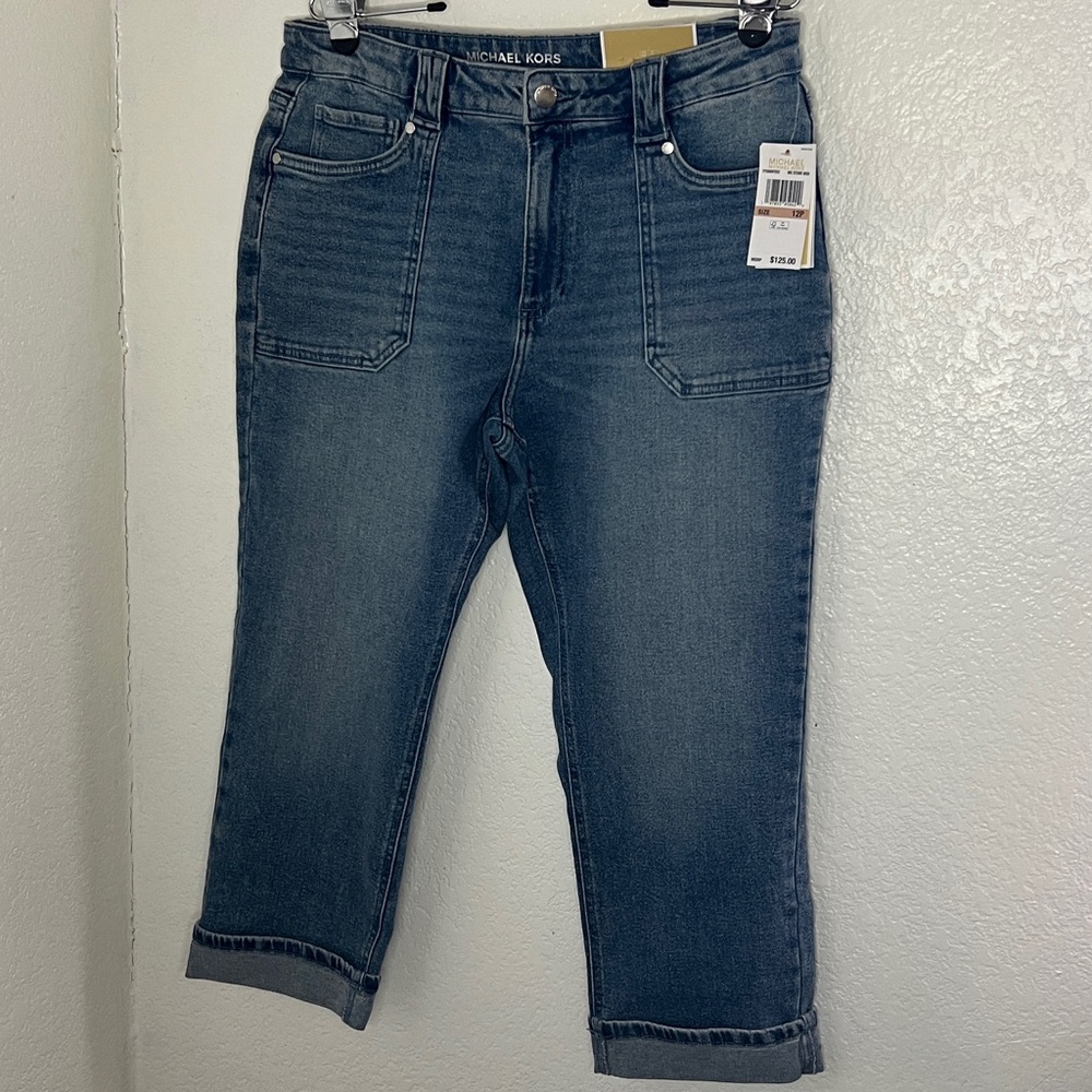 New Michael Michael Kors Selma straight ankle cuff pants petite 12 midstone wash